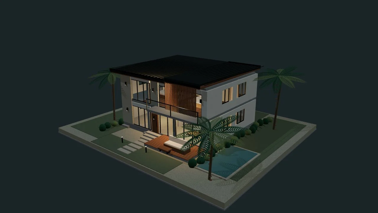 The Amihan House at night with warm interior and exterior lighting
